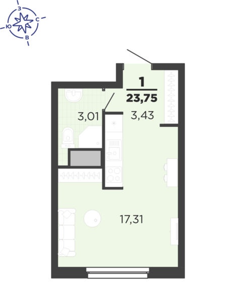 23,8 м², квартира-студия 3 293 500 ₽ - изображение 1