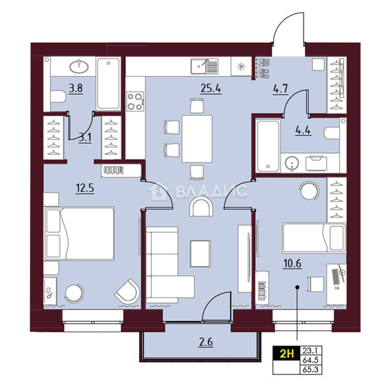 65,3 м², 2-комнатная квартира 8 157 000 ₽ - изображение 1