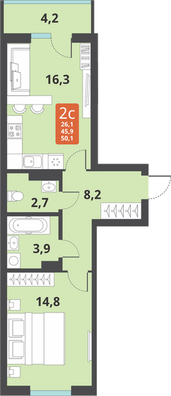 50,1 м², 2-комнатная квартира 6 260 000 ₽ - изображение 1