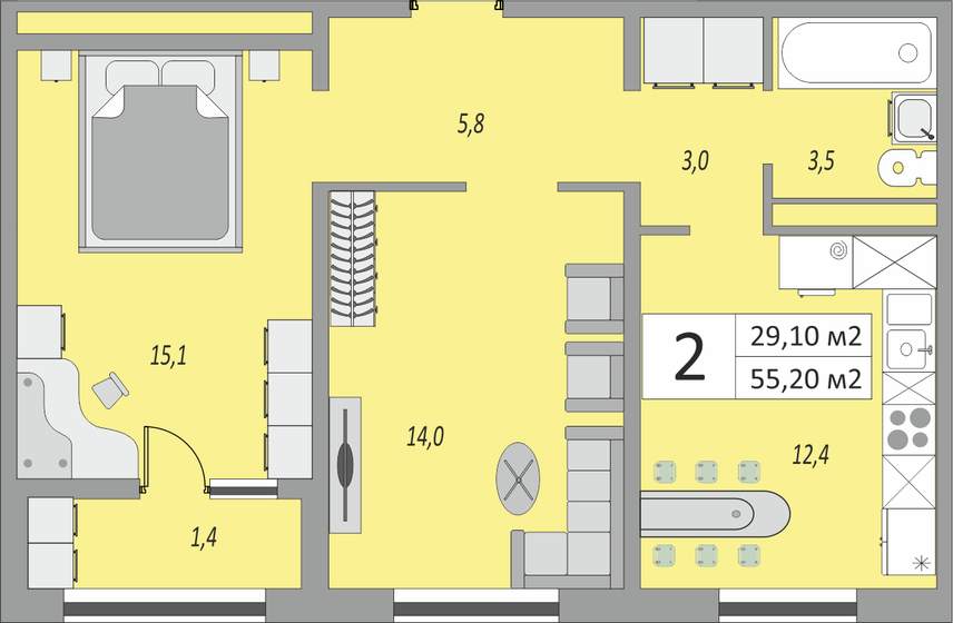 55,2 м², 2-комнатная квартира 3 750 840 ₽ - изображение 1