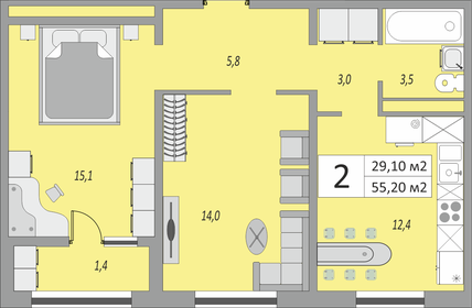 52 м², 2-комнатная квартира 17 000 ₽ в месяц - изображение 57