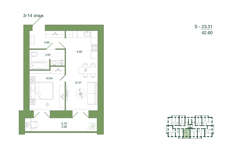 42,6 м², 1-комнатная квартира 4 345 200 ₽ - изображение 1