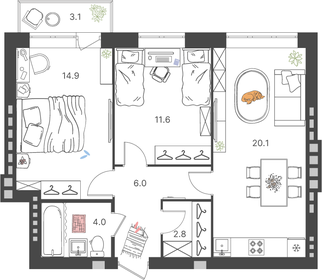 Квартира 60,3 м², 2-комнатная - изображение 1