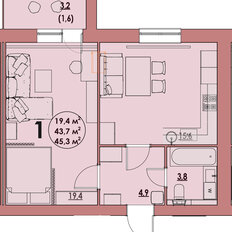 Квартира 45,3 м², 1-комнатная - изображение 2