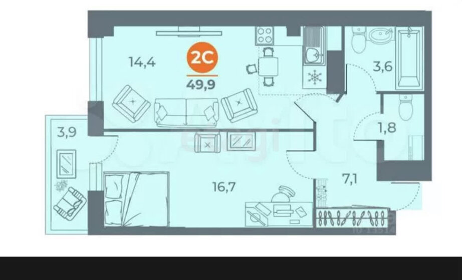 50,7 м², 1-комнатная квартира 5 900 000 ₽ - изображение 1