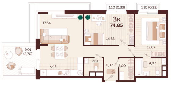 Квартира 74,9 м², 3-комнатная - изображение 1