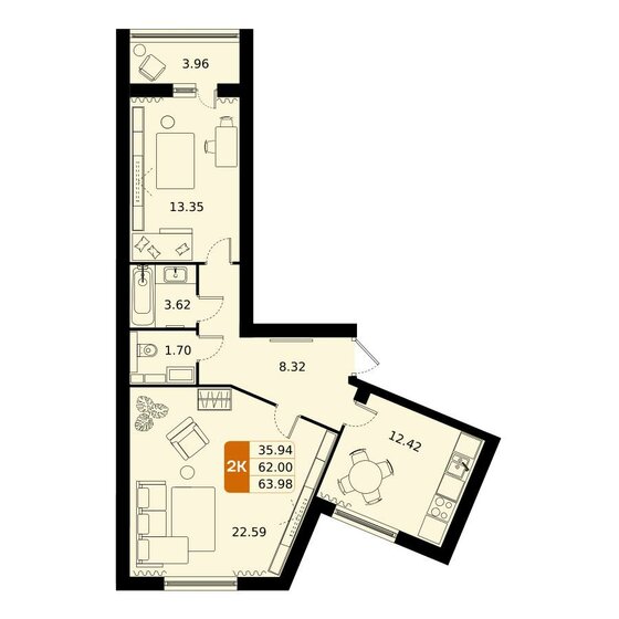 64 м², 2-комнатная квартира 10 595 088 ₽ - изображение 1
