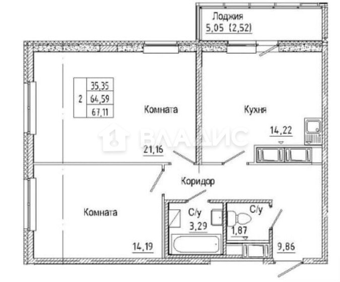 64,6 м², 2-комнатная квартира 11 300 000 ₽ - изображение 1