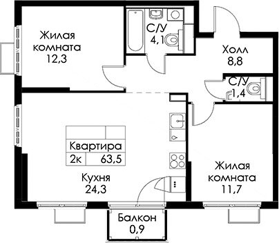 63,5 м², 2-комнатная квартира 16 760 000 ₽ - изображение 1