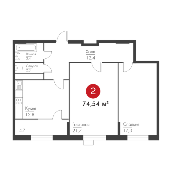 74,5 м², 2-комнатная квартира 14 763 015 ₽ - изображение 1