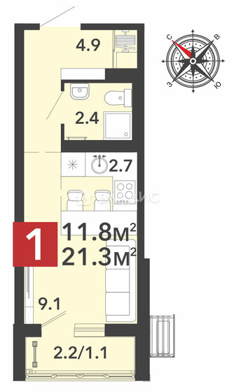 21,3 м², квартира-студия 2 370 000 ₽ - изображение 1