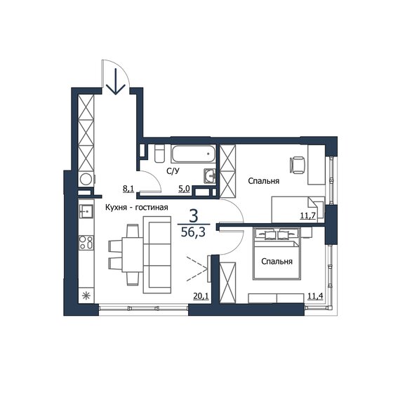 56,3 м², 3-комнатная квартира 9 571 000 ₽ - изображение 1