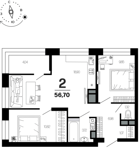 56,7 м², 2-комнатная квартира 6 851 000 ₽ - изображение 1