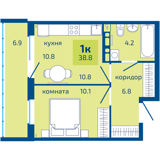 38,8 м², 1-комнатная квартира 3 950 000 ₽ - изображение 1