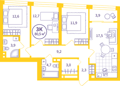 Квартира 79,6 м², 3-комнатная - изображение 1