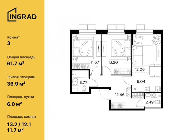 61,7 м², 3-комнатная квартира 9 354 657 ₽ - изображение 1