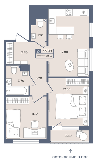 55,9 м², 2-комнатная квартира 9 160 000 ₽ - изображение 1