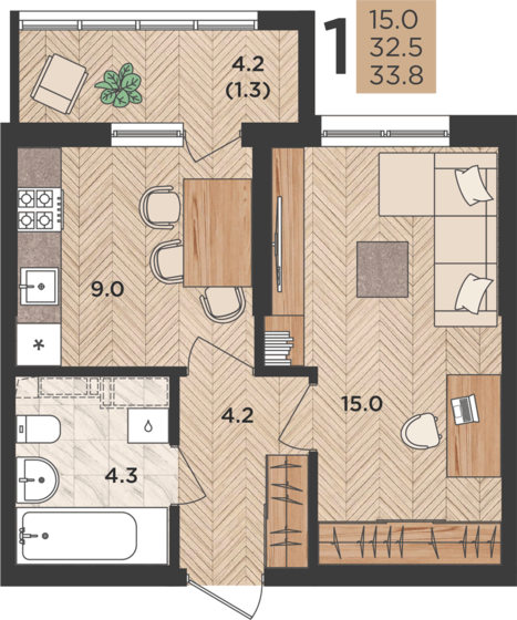 33,8 м², 1-комнатная квартира 6 117 800 ₽ - изображение 1