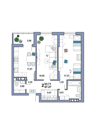 Квартира 67,3 м², 2-комнатная - изображение 1