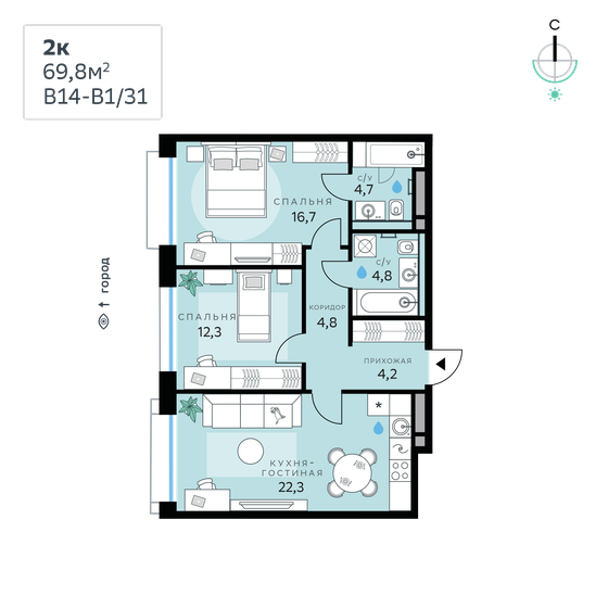 69,8 м², 2-комнатная квартира 35 507 260 ₽ - изображение 1