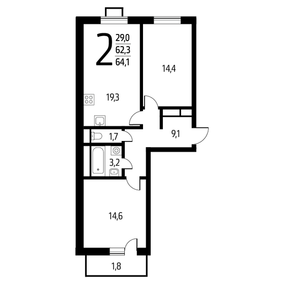 64,1 м², 2-комнатная квартира 14 339 170 ₽ - изображение 1