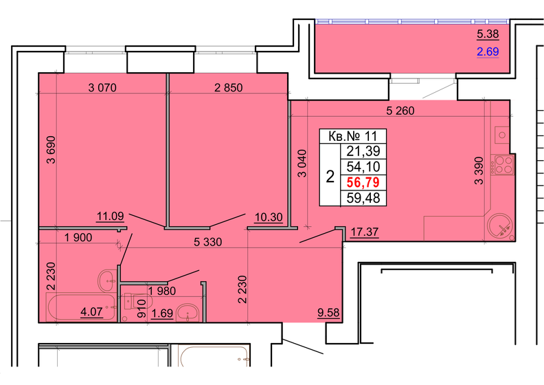 56,8 м², 2-комнатная квартира 7 155 540 ₽ - изображение 1