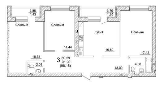 Квартира 95,2 м², 3-комнатная - изображение 1