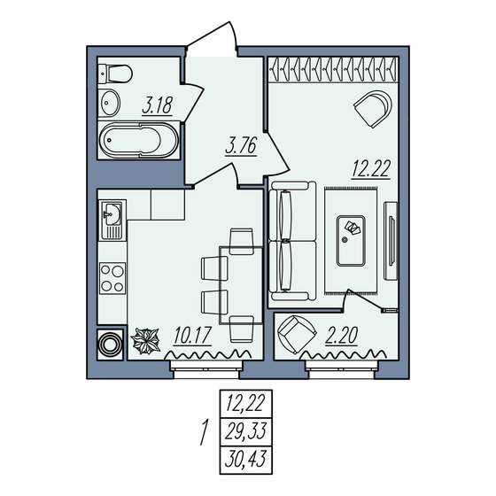 30,4 м², 1-комнатная квартира 2 982 140 ₽ - изображение 1