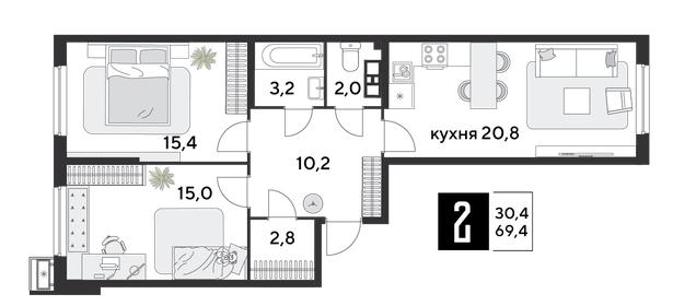 69,4 м², 2-комнатная квартира 11 464 880 ₽ - изображение 5