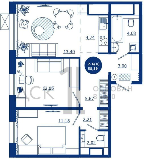 58,4 м², 2-комнатная квартира 9 800 000 ₽ - изображение 1