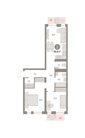 66,6 м², 2-комнатная квартира 12 090 000 ₽ - изображение 1