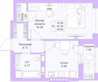 Квартира 35,8 м², 1-комнатная - изображение 1