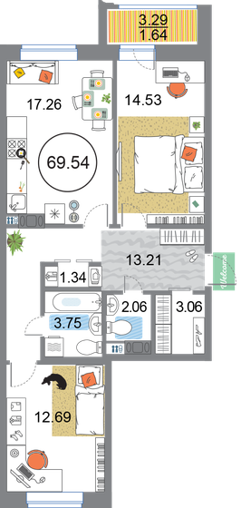 69,5 м², 2-комнатная квартира 19 464 246 ₽ - изображение 1