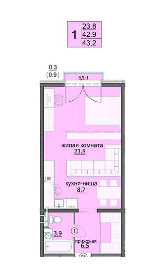 43,2 м², 1-комнатная квартира 4 924 800 ₽ - изображение 1