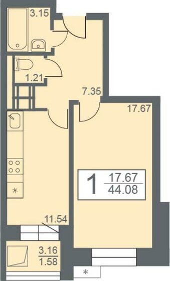 44,1 м², 1-комнатная квартира 5 580 000 ₽ - изображение 1