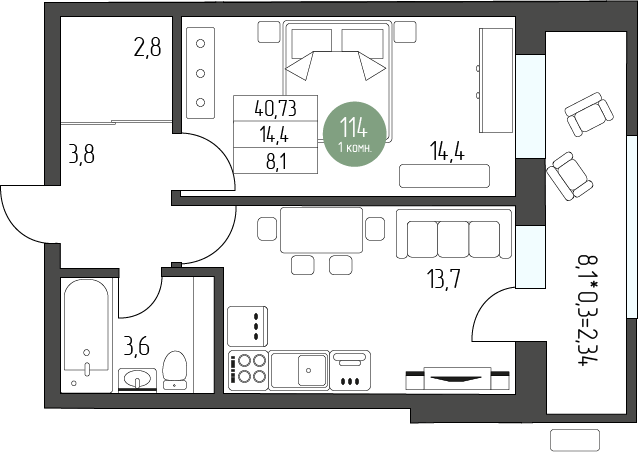 46,4 м², 1-комнатная квартира 5 783 660 ₽ - изображение 1