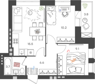 Квартира 47 м², 2-комнатная - изображение 1