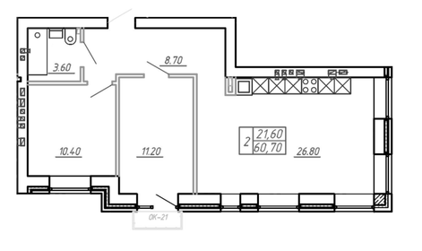 Квартира 60,7 м², 2-комнатная - изображение 1