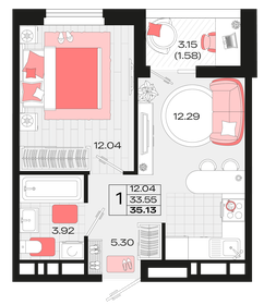 Квартира 35,1 м², 1-комнатная - изображение 1