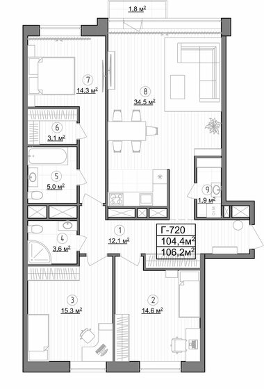 106,5 м², 3-комнатные апартаменты 27 837 216 ₽ - изображение 1