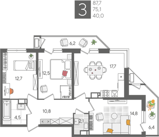 Квартира 87,7 м², 3-комнатная - изображение 2