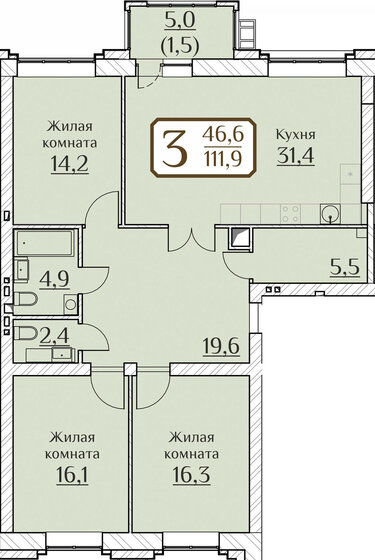 111,9 м², 3-комнатная квартира 17 008 800 ₽ - изображение 1