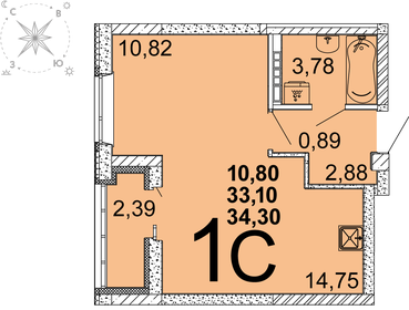 Квартира 34,3 м², 1-комнатная - изображение 1