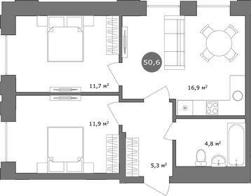 Квартира 50,6 м², 2-комнатная - изображение 1