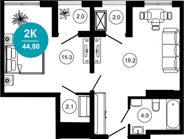 Квартира 44,8 м², 2-комнатные - изображение 1