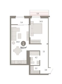 Квартира 58,5 м², 1-комнатная - изображение 1