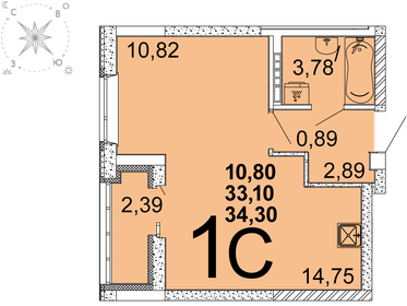 Квартира 34,3 м², студия - изображение 1