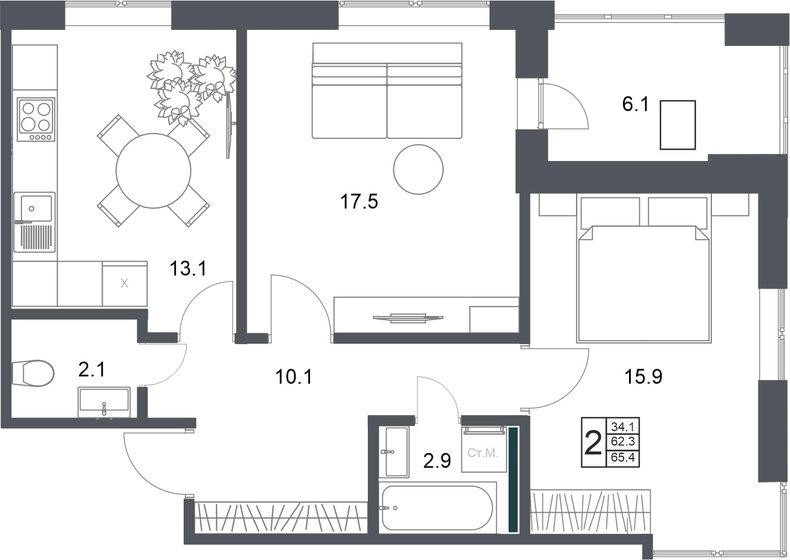 65,4 м², 2-комнатная квартира 6 605 400 ₽ - изображение 1