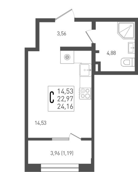 24,2 м², квартира-студия 3 744 800 ₽ - изображение 1