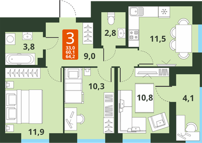 64 м², 3-комнатная квартира 5 430 000 ₽ - изображение 129